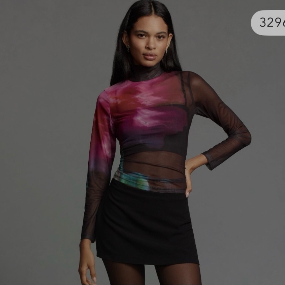 NWT BY ANTHROPOLOGIE MESH TURTLENECK TOP Black Motif Size Medium